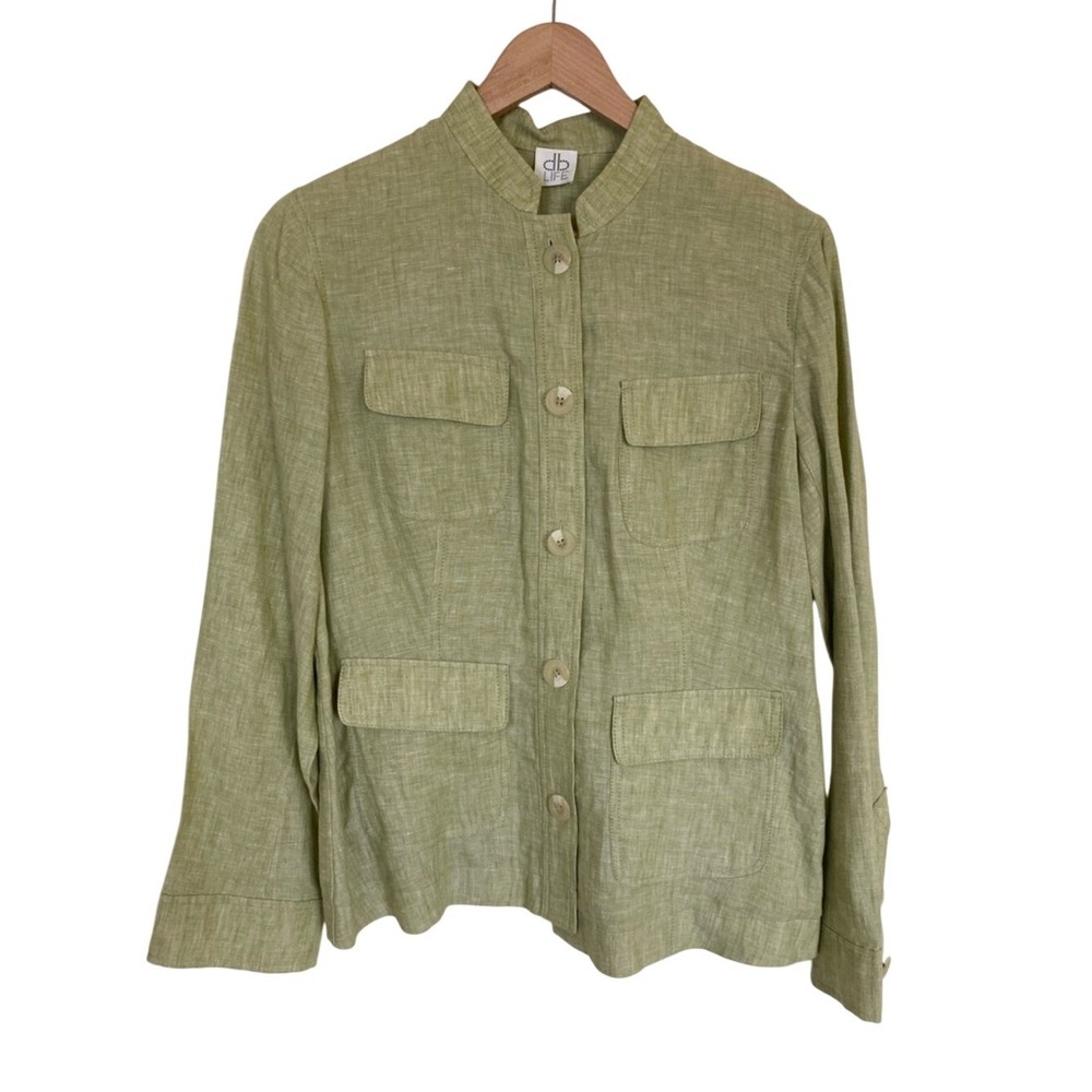Vtg DB Life Women's Light Green Linen Jacket Blazer Size Large Long Slv Pockets